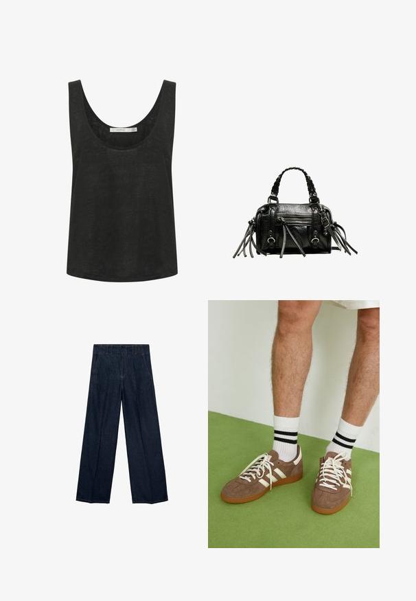 Dark blue denim jacket with wide lapels, belted waist, and cuff straps, displayed against a white background.; Black sleeveless tank top made from a lightweight, textured fabric. Features a rounded neckline and a relaxed fit. No visible patterns or accents.; Navy blue wide-leg jeans featuring a high waist, pleats, and traditional five-pocket design, made of denim fabric with subtle stitching accents.; Brown suede sneakers with white accents and laces. Rubber gum sole. Worn with white socks featuring black stripes. Green textured flooring.; Black leather handbag with braided handles, textured surface, zippered front pocket, and decorative fringe accents. Compact and structured shape.
