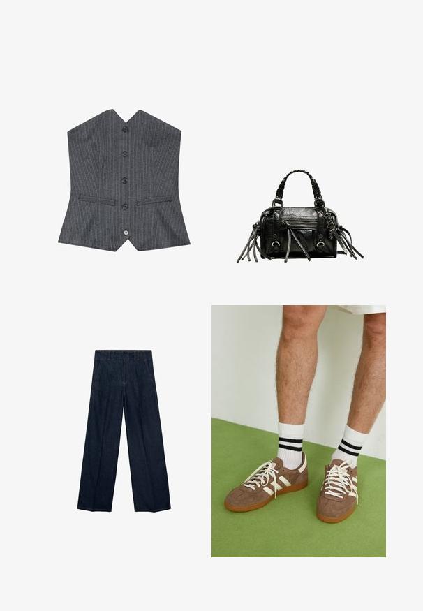 Dunkelblaue Jeansjacke mit breiten Revers, tailliertem Gürtel und Manschettenriemen, vor einem weißen Hintergrund präsentiert.; Grau gestreifter Weste mit V-Ausschnitt, ausgestattet mit sechs schwarzen Knöpfen und zwei Fronttaschen, aus glattem Stoff mit strukturierter Passform.; Dunkelblaue weite Jeans mit hoher Taille, Falten und traditionellem Fünf-Taschen-Design, gefertigt aus Denim-Stoff mit dezenten Nähakzenten.; Braune Wildleder-Sneaker mit weißen Akzenten und Schnürsenkeln. Gummisohle in Kautschuk-Optik. Getragen mit weißen Socken, die schwarze Streifen haben. Grüner strukturierter Fußboden.; Schwarze Lederhandtasche mit geflochtenen Tragegriffen, texturiertem Oberflächen, einem Reißverschluss-Frontfach und dekorativen Fransenakzenten. Kompakte und strukturierte Form.