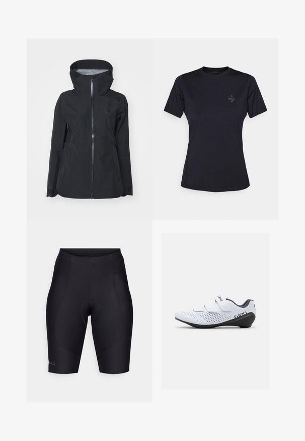 Jachetă neagră impermeabilă cu guler înalt și glugă ajustabilă. Prezentă cu un fermoar central, cusături de ventilație și buzunare laterale. Textură netedă.; Tricou negru cu mânecă scurtă realizat dintr-un material moale, având un decolteu rotund și un logo mic, tonal, pe partea superioară a pieptului stâng.; Shorts de ciclism negri, confecționați dintr-un material elastic, având un insert căptușit, talie elastică și cusături netede pentru un fit aerodinamic.; Giro STYLUS - Pantofi ciclism - white