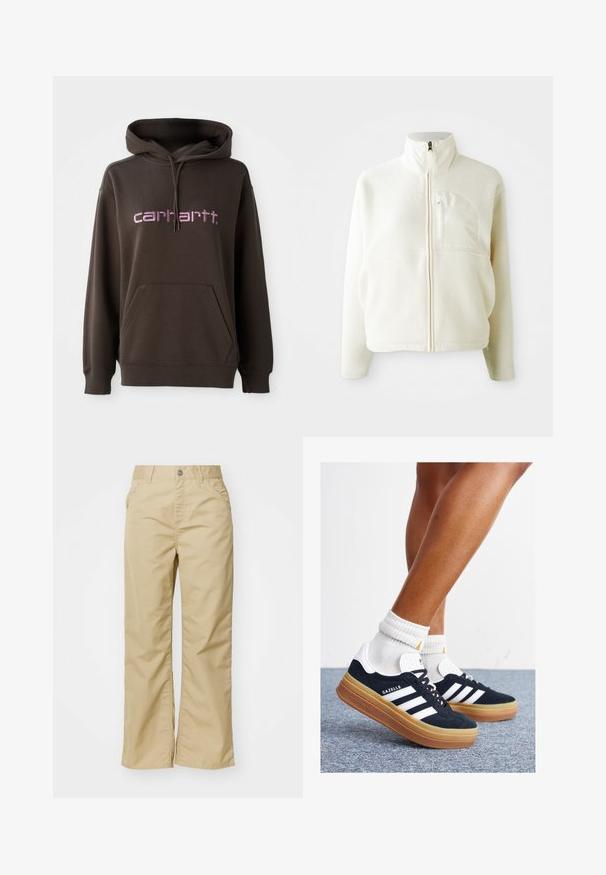 Valkoinen fleece-takki, jossa on korkea kaulus, pitkä vetoketju ja rintatasku. Pehmeä rakenne ja rento muotoilu.; Ruskea huppari, jossa on etutasku ja vaaleanpunainen "Carhartt" -merkkiteksti. Valmistettu pehmeästä kankaasta, jossa on teksturoitu pinta.; Valkoinen puuvillainen leveälahkeinen housut, joissa on sileä pinta, edessä taskut ja hopeinen nappi vyötäröllä.; Musta mokkanahkainen tennari, jossa valkoiset raidat ja yksityiskohdat, pyöreä kärki, purukumipohja, yhdistetty valkoisiin ribbineuleisiin nilkkasukkiin.