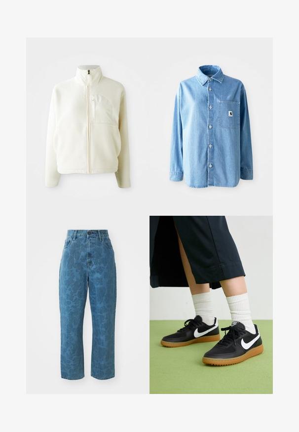 Casaco de fleece branco com gola alta, fecho de zip completo e um bolso no peito. Textura suave e design casual.; Camisa de ganga azul clara com colarinho, mangas compridas e botões prateados. Apresenta um único bolso frontal com um rótulo de logótipo.; Calças de ganga azul claro com uma textura padrão subtil, cintura alta e corte reto. Apresentam um fecho frontal com botão e zip.; Sapatilhas pretas em couro e sintético com o logo da Nike em branco, sola de borracha tipo goma, bico redondo e atacadores pretos. Meias brancas com frunces visíveis.