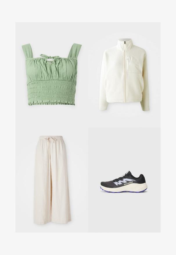 Hvid fleecejakke med høj krave, fuld lynlås og en brystlomme. Blød tekstur og afslappet design.; Lysegrøn crop top med smock-effekt, brede stropper og en knyttet halsudskæring. Har sammensamlet stof for en afslappet pasform.; Bredde ben, flødefarvede bukser med elastisk talje og snor. Glat, let linnedstof uden synlige mønstre eller hardware.; Sort sportsko med lilla ydersål, tekstureret mesh-overdel og kontrasterende grå detaljer. Har snørebånd og fremtrædende logo på siden.