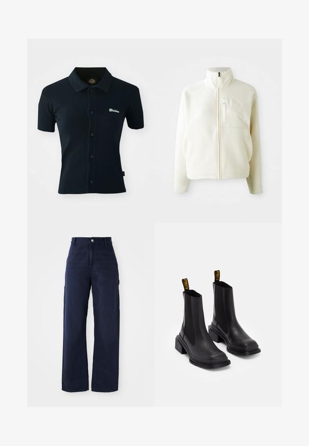 White fleece jacket with a high collar, full zip closure, and a chest pocket. Soft texture and casual design.; Black polo shirt made of ribbed fabric. Features short sleeves, a collar, and a button placket with a white embroidered logo on the chest.; Navy blue wide-leg cargo pants with a sturdy cotton fabric, featuring side pockets and a button closure at the waist.; Black ankle boots made of smooth leather with elastic side panels, a square toe, and a chunky heel. Features yellow branded pull tabs.