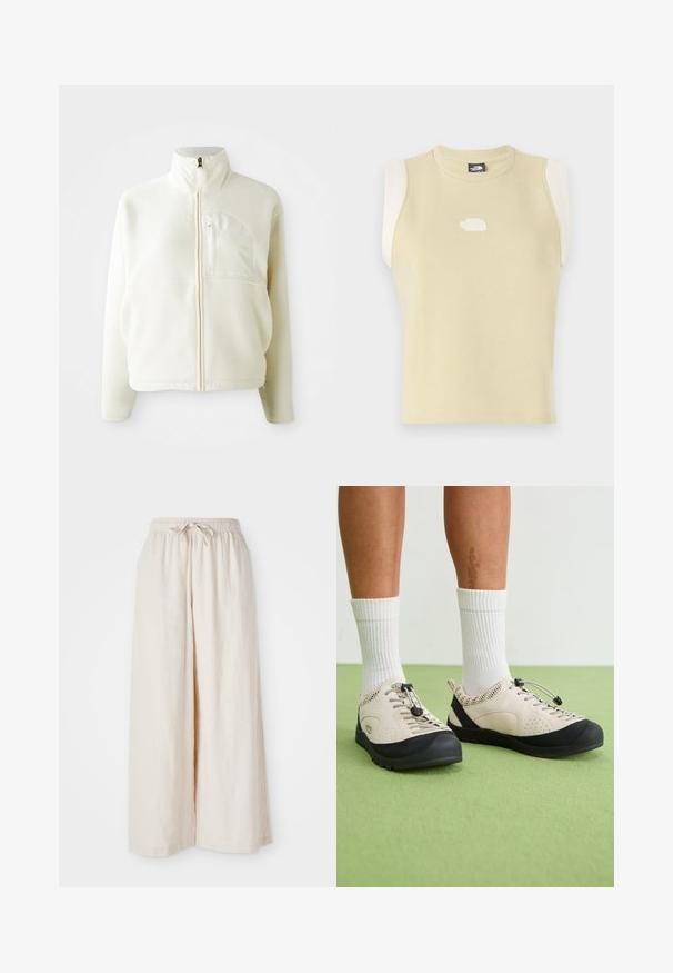 Weiße Fleecejacke mit hohem Kragen, durchgehendem Reißverschluss und einer Brusttasche. Weicher Stoff und lässiges Design.; Ärmelloses Oberteil aus pastellgelbem Baumwollstoff mit rundem Ausschnitt. Verfügt über kontrastierende cremefarbene Schulterpaneele und ein strukturiertes Logo auf der Brust.; Weite, cremefarbene Hosen mit elastischem Bund und Kordelzug. Glattes, leichtes Leinenmaterial, ohne sichtbare Muster oder Beschläge.; Beige Schuhe mit schwarzen Akzenten, Netzseitenteilen und einem sicheren Schnürzug. Dicke Gummisohlen mit strukturiertem Profil. Tragen mit weißen Socken.