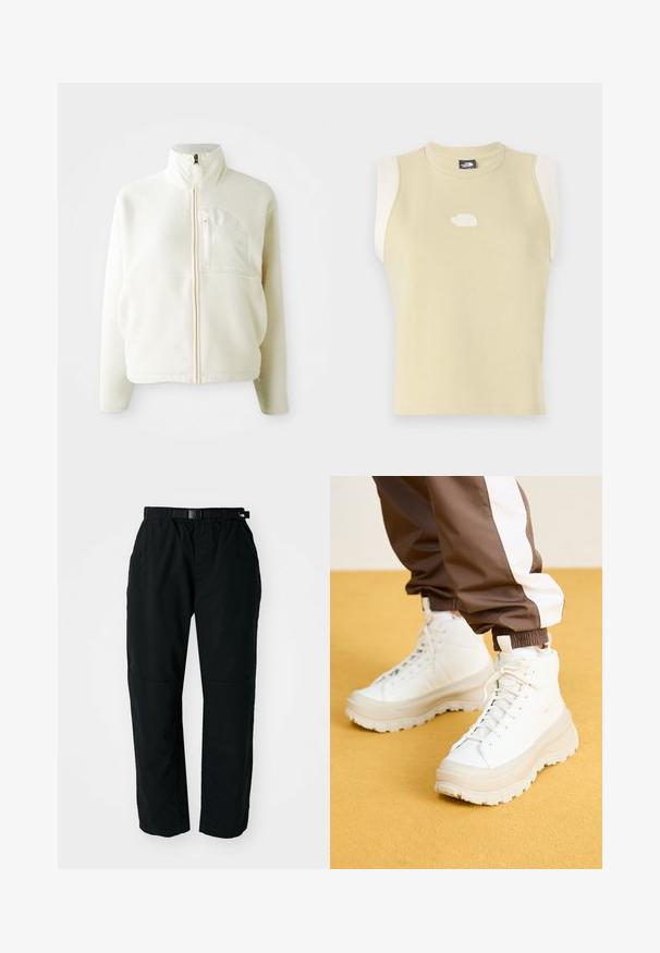 Biała polarowa kurtka z wysokim kołnierzem, pełnym zapięciem na zamek błyskawiczny oraz kieszenią na piersi. Miękka tekstura i casualowy design.; Bezrękawnik w pastelowym żółtym kolorze z bawełny, z zaokrąglonym dekoltem. Posiada kontrastowe kremowe panele na ramionach oraz teksturowane logo na klatce piersiowej.; Czarne lekkie spodnie z elastycznym pasem i regulowanym paskiem. Posiadają tapered legs oraz wzmocnione panele na kolanach dla większej trwałości.; Białe wysokie trampki z grubą, teksturowaną podeszwą, charakteryzujące się gładką cholewką, okrągłym czubkiem i sznurowadłami w tonacji koloru, na żółtym tle.