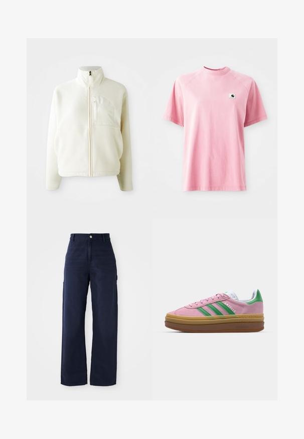 White fleece jacket with a high collar, full zip closure, and a chest pocket. Soft texture and casual design.; Pink cotton t-shirt with a crew neck and short sleeves. Features a small square logo patch on the left chest area. Smooth texture.; Navy blue wide-leg cargo pants with a sturdy cotton fabric, featuring side pockets and a button closure at the waist.; Pink suede sneakers with green stripes, white accents, and a brown rubber sole. Features textured fabric and logo detailing on the side.