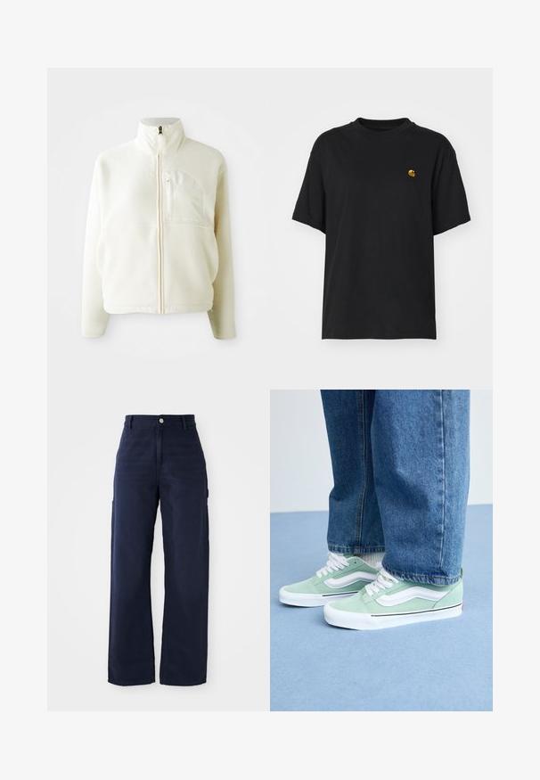 Valge fliisjakk kõrge kraega, täispikkade tõmblukkudega ja rinnataskuga. Pehme tekstuur ja juhuslik disain.; Must must särk lõdva lõikega. Omab ümmargust kaelust ja lühikesi varrukaid. Rinnal on väike kuldne tikandiga logo.; Tumed sinised laiad cargo püksid, valmistatud vastupidavast puuvillakangast, küljetaskute ja nup closure'iga vööl.; Isik, kes kannab helesiniseid ja valgeid tennisetossusid valgete paeltega ning siniseid teksaseid, seismas helesinisel põrandal.