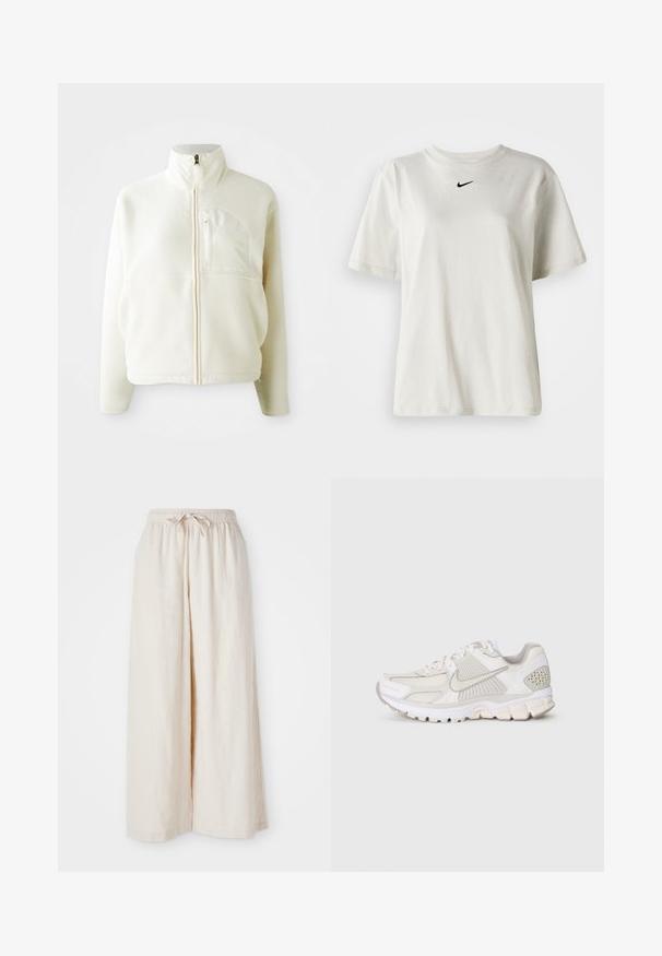 Wit fleece jack met hoge kraag, volledige ritssluiting en een borstzak. Zachte textuur en casual ontwerp.; Witte katoenen t-shirt met een ronde halslijn en korte mouwen. Heeft een klein zwart Nike-logo op de borst. Eenvoudig en onopgesmukt ontwerp.; Brede, crèmekleurige broek met een elastische tailleband en een trekkoord. Glad, lichtgewicht linnen stof, zonder zichtbare patronen of hardware.; Witte sportieve schoen van mesh en synthetische materialen. Kenmerkt zich door een gestructureerd ontwerp, een gewatteerde kraag en geometrische accenten op de hiel.