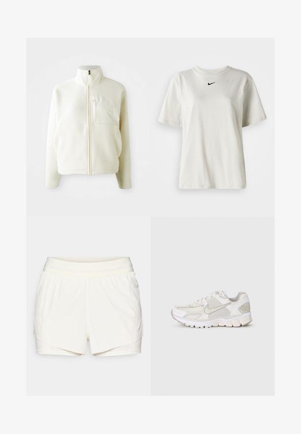 Wit fleece jack met hoge kraag, volledige ritssluiting en een borstzak. Zachte textuur en casual ontwerp.; Witte katoenen t-shirt met een ronde halslijn en korte mouwen. Heeft een klein zwart Nike-logo op de borst. Eenvoudig en onopgesmukt ontwerp.; Crème sportshorts met een gelaagd ontwerp, een elastische tailleband en interne aansluitende shorts. Heeft een klein blauw logo aan de zijkant.; Witte sportieve schoen van mesh en synthetische materialen. Kenmerkt zich door een gestructureerd ontwerp, een gewatteerde kraag en geometrische accenten op de hiel.