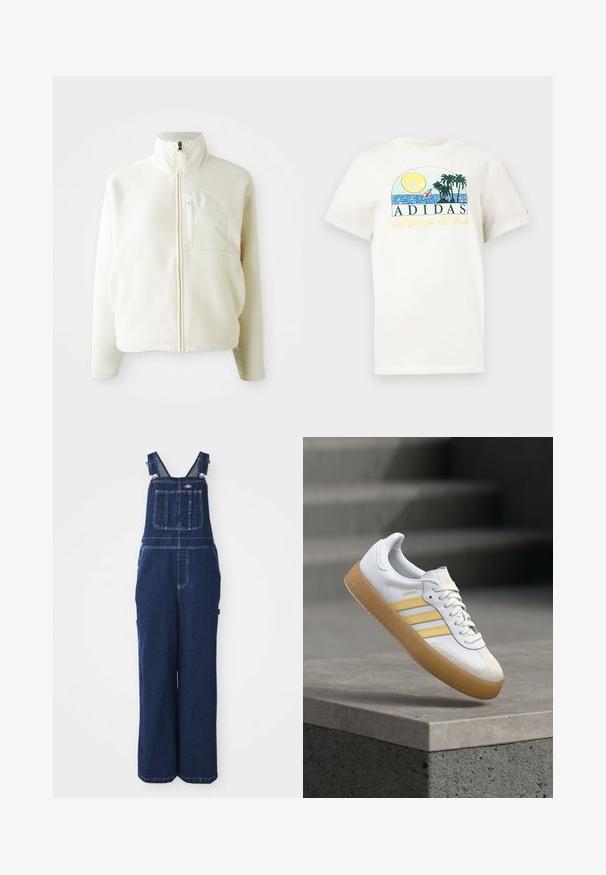Valkoinen fleece-takki, jossa on korkea kaulus, pitkä vetoketju ja rintatasku. Pehmeä rakenne ja rento muotoilu.; Valkoinen puuvillapaita, jossa on graafinen kuvitus auringosta, palmupuista ja vedestä. Teksti "ADIDAS Sports Club" painettuna vihreällä ja keltaisella.; Tummansiniset farkkuhaalarit, joissa on säädettävät hihnat, rintatasku, sivutaskut ja rento, leveälahkeinen fit. Klassiset tikkaus yksityiskohdat.; Valkoinen nahkainen tennari keltaisin yksityiskohdin, kolmella raidalla ja kumipohjalla. Mallissa on pyöreä kärki ja kuvioitu kieli.