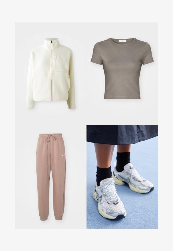 Hvit fleecejakke med høy krage, full glidelås og brystlomme. Myk tekstur og avslappet design.; Kortermet T-skjorte med rund hals i taupe, laget av glatt bomull. Har en tettsittende design og fine sømmer langs kanten og ermene.; Lys brun joggebukser med elastisk midje og snøring. Med mansjetter ved ankelen og hvit Nike-logo på venstre side. Laget av mykt stoff.; Hvite og sølv Nike-sneakers med mesh-stoff, reflekterende detaljer, og en beige såle. Brukt med svarte sokker, stående på en blå overflate.