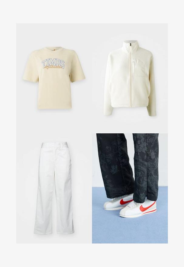 Casaco de fleece branco com gola alta, fecho de zip completo e um bolso no peito. Textura suave e design casual.; T-shirt de manga curta creme com a inscrição "TIMBS Authentic" em letras azuis e douradas. Feito de algodão macio com um corte descontraído.; Calças largas brancas feitas de algodão, com uma textura suave, corte reto, bolsos frontais e bainha limpa.; Sapatilhas brancas da Nike com detalhes em vermelho, combinadas com calças pretas com um padrão floral. A textura é suave com uma sola plana trançada.