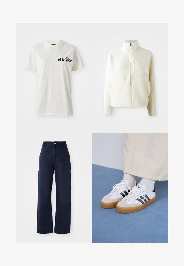 Jachetă albă din fâș cu guler înalt, închidere cu fermoar pe toată lungimea și o buzunar pe piept. Textură moale și design casual.; Tricou alb din bumbac, cu guler rotund și mâneci scurte, având un logo negru "ellesse" pe partea stângă. Textură moale, croi lejer.; Pantaloni cargo largi de culoare bleumarin, confecționați dintr-un material din bumbac rezistent, cu buzunare laterale și închidere cu buton în talie.; Adidași albi cu dungi negre și accente din suede bej. Au talpă din cauciuc texturat și șireturi albe plate, purtați cu șosete de culori deschise.