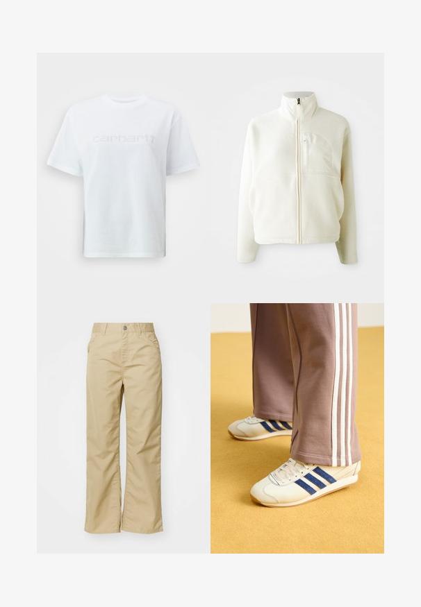 Weiße Fleecejacke mit hohem Kragen, durchgehendem Reißverschluss und einer Brusttasche. Weicher Stoff und lässiges Design.; Weißes Baumwoll-T-Shirt mit Rundhalsausschnitt und kurzen Ärmeln, mit einem hellgrauen "Carhartt"-Textlogo über der Brust.; Beige Baumwoll-Hose mit weitem Bein und glatter Textur, mit vorderen Taschen und einem silbernen Knopf am Bund.; Cremfarbene Sneaker mit blauen Wildlederstreifen, weißen Schnürsenkeln und einer Gummisohle. Kombiniert mit grauen Jogginghosen mit weißen Seitenstreifen.