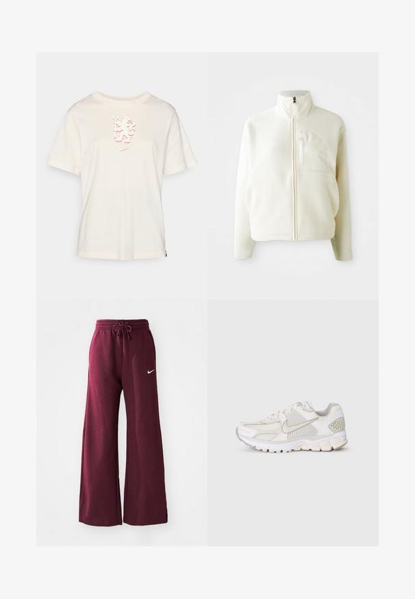Balti flišinis švarkas su aukštu apykakle, pilnu užtrauktuku ir krūtine kišene. Minkšta tekstūra ir laisvalaikio stilius.; Kreminės spalvos medvilnės marškinėliai su trumpomis rankovėmis ir tekstūruota raudona grafika priekyje. Turi apvalų kaklo iškirpimą ir suapvalintą hemą.; Bordo pločių sportinės kelnės, pagamintos iš minkštos medžiagos, su elastingu juosmeniu ir raišteliu, bei baltu Nike logotipu kairėje pusėje.; Baldos spalvos sportinė avalynė, pagaminta iš tinklinės ir sintetinės medžiagos. Yra su tekstūruotu dizainu, paminkštintu apvadu ir geometriniais akcentais ant kulno.