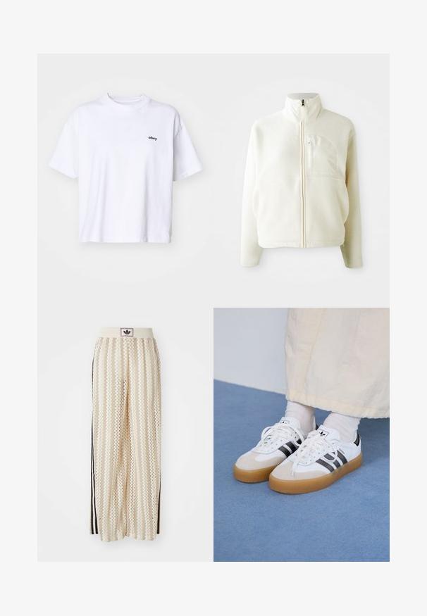 Balti flišinis švarkas su aukštu apykakle, pilnu užtrauktuku ir krūtine kišene. Minkšta tekstūra ir laisvalaikio stilius.; Balta medvilnės marškinėlė su trumpomis rankovėmis ir apvaliu kaklu. Kairėje krūtinės pusėje yra mažas juodas „obey“ logotipas.; Grietos spalvos plačios kelnės su zigzagų raštu, turinčios juodą logotipo juostą ir šonines juodas juosteles. Lengvas, tekstūruotas audinys.; Baltos sportbačiai su noir juostomis ir šviesiai rudos zomšos akcentais. Yra tekstūruota gumos padas ir plokščiomis baltomis raištelėmis, dėvimi su šviesiai spalvotomis kojinėmis.