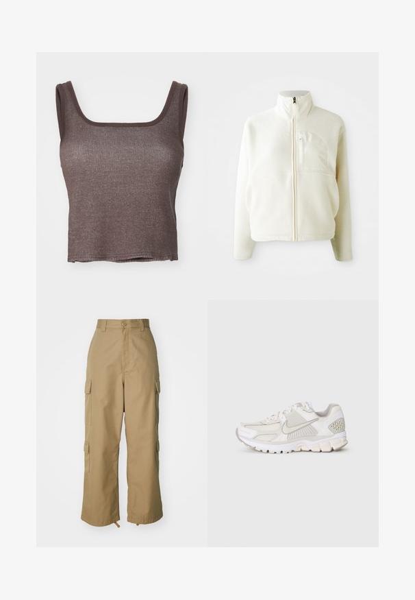Bela flis jakna z visokim ovratnikom, polnim zadrgo in žepom na prsih. Mehka tekstura in sproščen dizajn.; Rjava rebrasta majica brez rokavov s kvadratnim izrezom in širokimi naramnicami; teksturirana tkanina s ravnim robom, ki nudi oprijet kroj.; Bežne cargo hlače z visokim pasom, širokimi nogami in štirimi velikimi stranskimi žepi. Narejene so iz trpežnega materiala z gladko teksturo in minimalnimi detajli.; Bela športna obutev iz mrežastega in sintetičnega materiala. Ima teksturiran dizajn, obloženo ovratnico in geometrijske poudarke na peti.