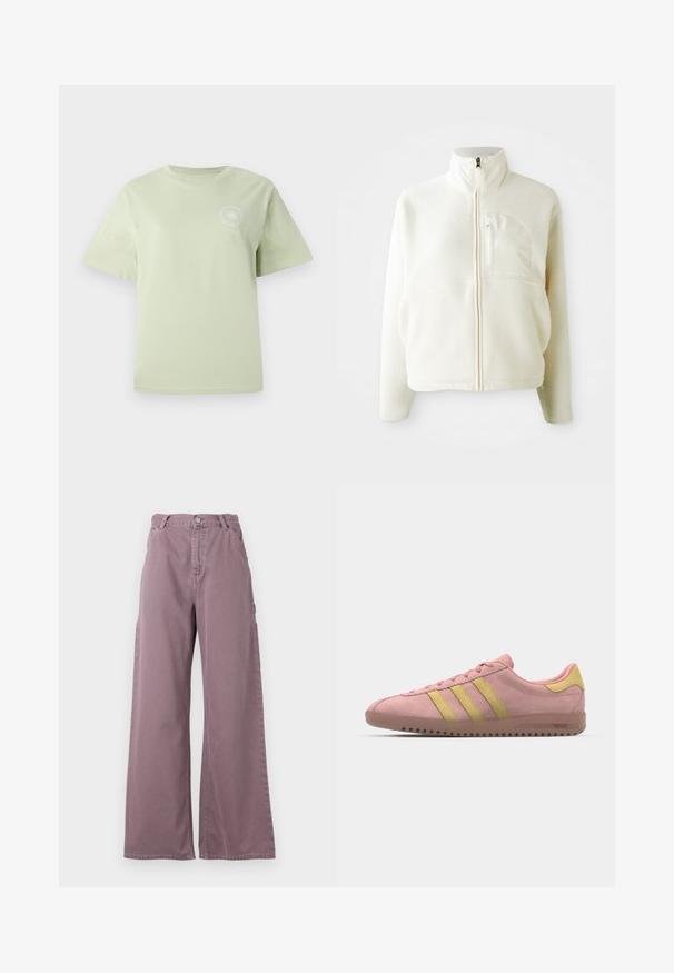 Veste en polaire blanche avec un col montant, fermeture éclair intégrale et une poche poitrine. Texture douce et design décontracté.; T-shirt en coton vert clair avec un col rond, des manches courtes et un imprimé graphique circulaire sur la poitrine. Texture douce, coupe décontractée.; Pantalons à jambes larges en coton mauve poussiéreux, dotés d'une fermeture à bouton sur le devant, de poches latérales et de détails cousus le long des coutures.; Baskets en daim rose avec trois rayures jaunes, bout rond et semelle en caoutchouc texturée. Design profil bas avec un col rembourré.