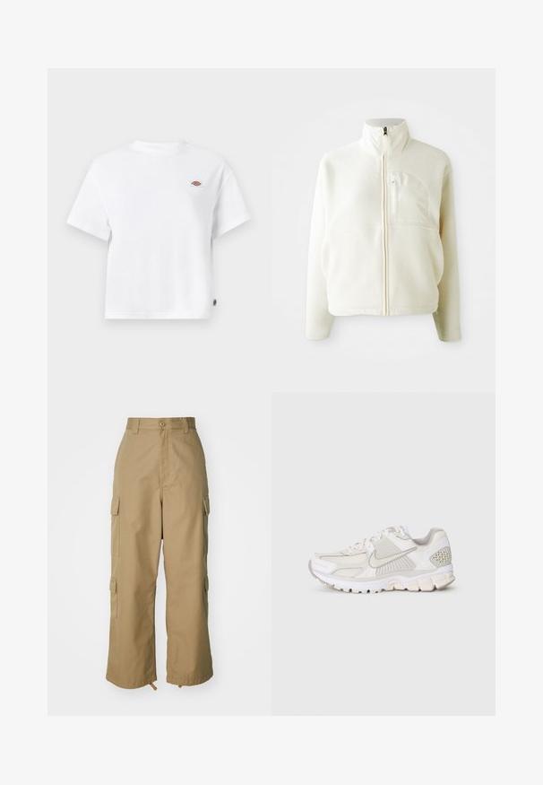 White fleece jacket with a high collar, full zip closure, and a chest pocket. Soft texture and casual design.; White cotton t-shirt with a relaxed fit, featuring a small logo patch on the chest and a tag on the side for added detail.; Beige cargo pants with a high waist, wide legs, and four large side pockets. Made of durable fabric with a smooth texture and minimal detail.; White athletic shoe with mesh and synthetic materials. Features a textured design, padded collar, and geometric accents on the heel.
