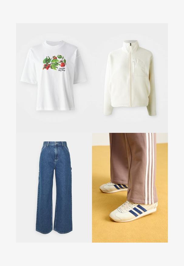 White fleece jacket with a high collar, full zip closure, and a chest pocket. Soft texture and casual design.; White cotton t-shirt with short sleeves, featuring a colorful fruit and leaf design in the center. Text reads "Carhartt WIP Cream of the crop."; Wide-leg blue denim trousers with a high waist, contrasting stitching, and side pockets, featuring a classic five-pocket design and raw hems.; Cream sneakers with blue suede stripes, white laces, and a rubber sole. Paired with gray sweatpants featuring white side stripes.