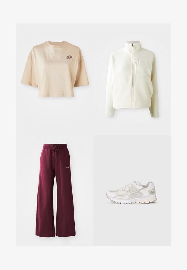 Bílá fleecová bunda s vysokým límcem, plným zipem a náprsní kapsou. Měkká textura a ležérní design.; Beige zkrácené tričko vyrobené z bavlny, s krátkými rukávy, kulatým výstřihem a vínovým logem na levé straně hrudi.; Burgundské široké tepláky vyrobené z měkké látky, s elastickým pasem na šňůrku a bílým logem Nike na levé straně.; Bílé atletické boty s mesh a syntetickými materiály. Mají strukturovaný design, polstrovaný límec a geometrické akcenty na patě.