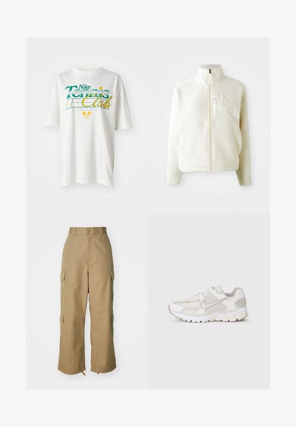 Hvit fleecejakke med høy krage, full glidelås og brystlomme. Myk tekstur og avslappet design.; Hvit bomull t-skjorte med grønn og gul grafisk trykk, "Nike Tennis Club," med tennismotiver og etablert år 1972.; Beige cargo bukser med høj talje, brede ben og fire store sidelommer. Fremstillet af slidstærkt stof med en glat tekstur og minimal detalje.; Hvit atletisk sko laget av mesh og syntetiske materialer. Har et teksturert design, polstret krage og geometriske detaljer på hælen.