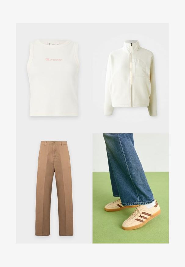 Hvid fleecejakke med høj krave, fuld lynlås og en brystlomme. Blød tekstur og afslappet design.; Hvid ribbet tanktop med rund halsudskæring og et lille lyserødt "Roxy" logo på brystet. Glat tekstur, tætsiddende design, uden ærmer.; Brune bomuldssbukser med et lige ben, der har en knaplukning, bæltestropper og minimale syninger for et clean udseende.; Beige sneakers med teksturerede cremefarvede paneler og brune striber, parret med blå denim jeans. Jeansene har brede ben og en frynset kant.
