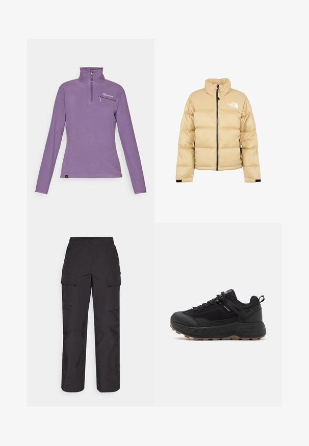 Beige Steppjacke mit hohem Kragen, Frontreißverschluss und Logo auf der Brust. Verfügt über ein gestepptes Quiltmuster und elastische Bündchen.; Lila Fleece-Pullover mit hohem Kragen, halbem Reißverschluss vorne und Brusttasche. Verfügt über ein kleines Logo und kontrastierende Nähte.; Schwarze Cargo-Hosen aus strapazierfähigem Stoff, mit mehreren Seitentaschen, einem Knopfverschluss und einer lockeren Passform mit geraden Beinen.; Schwarze Sportschuhe mit einem Obermaterial aus strukturiertem Leder und Stoff, gemusterter Sohle, verstärkter Zehenkappe und verstellbarem Schnürsystem.