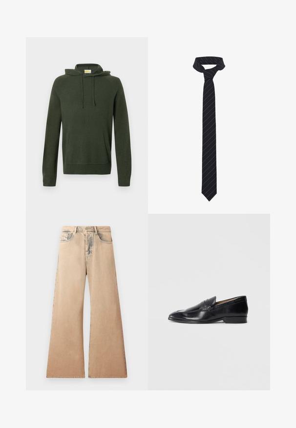 Mustat nahkatakki, jossa on kauluksellinen kaula, etuvetoketju ja kaksi suurta rintataskua. Sileä pinta ja istuva leikkaus.; Oliva vihreä huppari, jossa on naru, etutasku, ribbireunat ja helma. Valmistettu pehmeästä materiaalista, jossa on sileä pinta.; Valkoinen pitkähihainen paita, joka on valmistettu teksturoidusta kankaasta. Paidassa on klassinen kaulus, napitus edessä ja suora helma, sekä rento istuvuus.; Beige leveled-krov jeans med blekt tekstur, fem-lomme design, og sydd detaljer langs sømmene. Midjen har en tradisjonell knappelukking.; Musta nahkainen loaferi, jossa on sileä pinta, kärki, joka on terävä, ja hienovarainen ompelu. Sisältää litteän korokkeen ja kohokuvioidun logon sivulla.; Musta solmio, jossa on vinot siniset raidat, valmistettu sileästä kankaasta. Siinä on kapeneva pää ja solmittu silmukka ylhäällä.