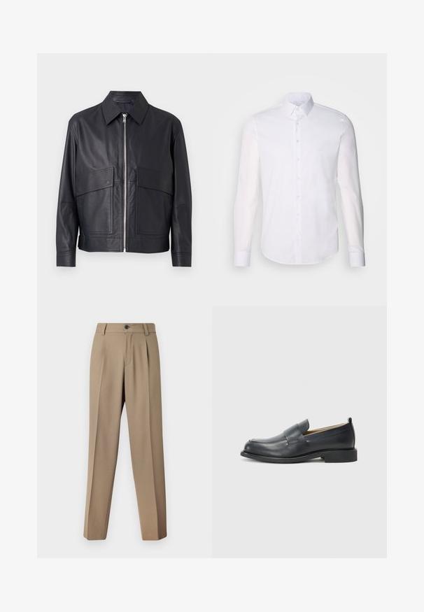 Jaqueta de couro preta com gola, fecho frontal por zipper e dois grandes bolsos no peito. Superfície lisa com corte ajustado.; Camisa branca de manga longa com botões, feita de algodão, apresentando um colarinho clássico, botões frontais e um detalhe de costura minimalista.; Calças bejas ajustadas com frente lisa, cintura estruturada e fecho com um único botão. O tecido é suave e ligeiramente texturizado.; Mocassins de couro pretos com um acabamento suave, sola plana e bico arredondado, com uma tira decorativa atravessando a parte superior.