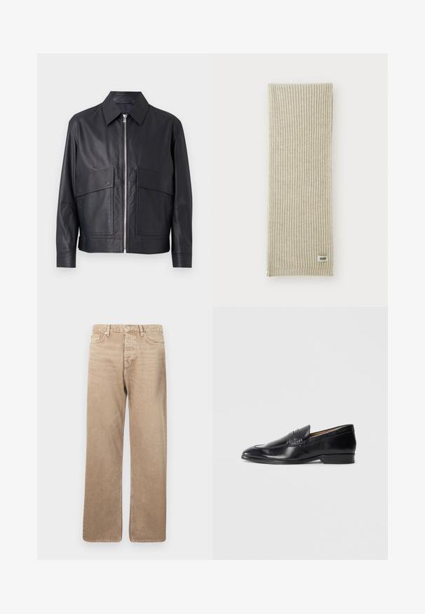 Schwarze Lederjacke mit Kragen, vorderem Reißverschluss und zwei großen Brusttaschen. Glatte Textur mit tailliertem Schnitt.; Weißes Langarmhemd aus strukturiertem Stoff, mit klassischem Kragen, Knopfleiste und geradem Saum, in lockerer Passform.; Beige Denim-Jeans mit geradem Schnitt, ausgestattet mit fünf Taschen, einem Knopfverschluss und kontrastierenden Nähten. Glatte Textur und minimale Abnutzung.; Schwarze Lederloafers mit glatter Oberfläche, spitzem Zehenbereich und subtilen Steppdetails. Verfügt über einen flachen Absatz und ein eingeprägtes Logo an der Seite.; Beige gestrickter Schal mit vertikaler Rippenstruktur. Mit einem kleinen Stoffetikett mit der Aufschrift "DRYARN" an einem Ende. Weiches, leichtes Material.; Schwarze Fliege mit diagonalen blauen Streifen, aus einem glatten Stoff gefertigt. Sie hat ein verjüngtes Ende und eine geknotete Schlaufe an der Oberseite.