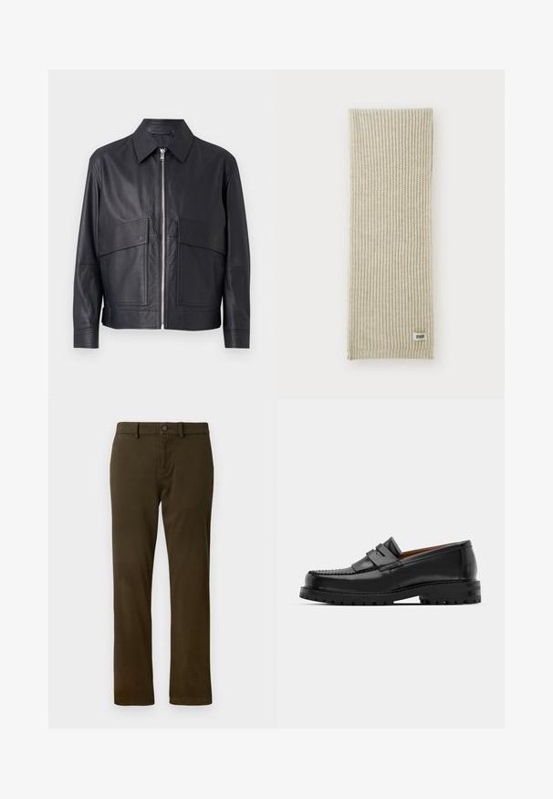 Mustat nahkatakki, jossa on kauluksellinen kaula, etuvetoketju ja kaksi suurta rintataskua. Sileä pinta ja istuva leikkaus.; Valkoinen pitkähihainen paita, joka on valmistettu teksturoidusta kankaasta. Paidassa on klassinen kaulus, napitus edessä ja suora helma, sekä rento istuvuus.; Tummanvihreät chino-housut, joissa on klassinen malli, vyölenkit ja etu-napitus. Sileä, tekstuuriainen materiaali ja suorat lahkeet.; Mustat nahka loafit sisältävät kohoavan sauman, kaksi koristeellista nauhaa yläosassa ja paksun teksturoidun pohjan parempaa pitoa varten.; Harmaa neulotut huivi, jossa on pystysuora ribbitekstuuri. Yhden pään kohdalla on pieni kangaslabeli, jossa lukee "DRYARN". Pehmeä, kevyt materiaali.; Musta solmio, jossa on vinot siniset raidat, valmistettu sileästä kankaasta. Siinä on kapeneva pää ja solmittu silmukka ylhäällä.