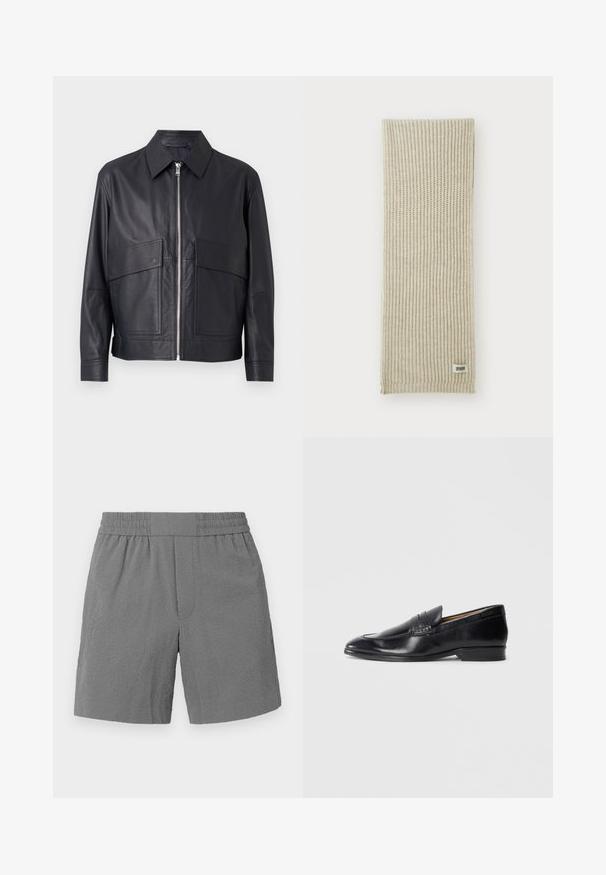 Black leather jacket with a collared neck, front zipper closure, and two large chest pockets. Smooth texture with tailored fit.; White long-sleeve shirt made of textured fabric, featuring a classic collar, button front, and straight hemline, with a relaxed fit.; Gray shorts with an elastic waistband, textured fabric, and straight cut. Features two side pockets and a subtle, patterned design.; Black leather loafer with a smooth finish, pointed toe, and subtle stitching detail. Features a flat heel and embossed logo on the side.; Beige knitted scarf with vertical ribbing texture. Features a small fabric tag labeled "DRYARN" at one end. Soft, lightweight material.; Black tie with diagonal blue stripes, made from a smooth fabric. Features a tapered end and a knotted loop at the top.