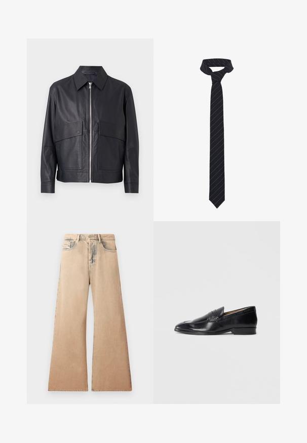 Jaqueta de couro preta com gola, fecho frontal por zipper e dois grandes bolsos no peito. Superfície lisa com corte ajustado.; Camisa de manga longa branca feita de tecido texturizado, com colarinho clássico, fecho com botões à frente e bainha reta, com um ajuste descontraído.; Jeans bege de perna larga com textura desbotada, design de cinco bolsos e detalhes de costura ao longo das costuras. A cintura tem um fecho tradicional de botão.; Sapato de couro preto tipo mocassim com um acabamento liso, bico pontudo e detalhes de costura subtis. Apresenta um salto baixo e um logotipo embutido na lateral.; Gravata preta com riscas diagonais azuis, feita de um tecido suave. Apresenta uma ponta afilada e um laço apertado no topo.