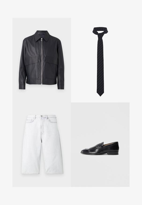 Zwarte leren jas met een kraag, frontale ritssluiting en twee grote borstzakken. Gladde textuur met een getailleerde pasvorm.; Witte langemouw overhemd van gestructureerde stof, met een klassieke kraag, knopen vooraan en een rechte zoom, met een losse pasvorm.; Lichtgrijze denim shorts met een losse pasvorm, voorzien van een knoopsluiting in de tailleband, voorzakken en schone, rechte zoomranden.; Zwarte leren instapper met een gladde afwerking, spitse neus en subtiele stikseldetails. Heeft een platte hak en een gegraveerd logo aan de zijkant.; Zwarte vlinderdas met diagonale blauwe strepen, gemaakt van een gladde stof. Heeft een taps toelopend uiteinde en een geknoopte lus aan de bovenkant.