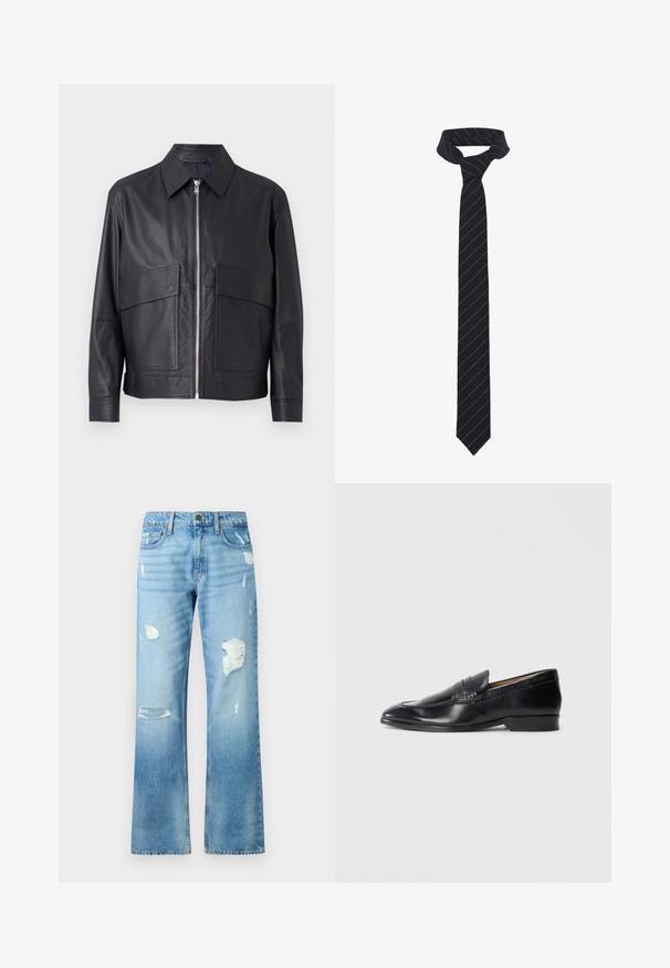 Juodas odinis švarkas su apykakle, priekyje užtrauktuku ir dviem didelėmis kišenėmis ant krūtinės. Lygus paviršius su pritaikytu siluetu.; Balti ilgomis rankovėmis marškiniai iš tekstūruoto audinio, su klasikinio tipo apykakle, mygtukų užsegimu ir tiesia apatine dalimi, turintys laisvą siluetą.; Šviesiai mėlyni džinsai su tiesaus kirpimo dizainu, turintys plyšius ir nusidėvėjusią apdailą. Įtrauktas metalinis mygtukas ir penkios kišenės.; Juodas odinis loaferis su lygiu paviršiumi, pailgu nosimi ir subtiliais siuvimo detalėmis. Yra plokščias kulnas ir įspaustas logotipas šone.; Juodas kaklaraištis su įstrižomis mėlynomis juostelėmis, pagamintas iš lygios medžiagos. Turi siaurėjantį galą ir surištą kilpą viršuje.