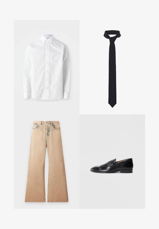 Veste en cuir noir avec un col, fermeture éclair à l'avant et deux grandes poches sur la poitrine. Texture lisse avec une coupe ajustée.; Chemise blanche à manches longues en coton lisse avec un motif à pois subtil, col classique, boutonnière à l'avant et poignets arrondis.; Jean large beige avec texture décolorée, design à cinq poches et détails cousus le long des coutures. La taille dispose d'une fermeture à bouton traditionnel.; Mocassin en cuir noir avec une finition lisse, bout pointu et détail de couture subtil. Présente un talon plat et un logo en relief sur le côté.; Un nœud papillon noir avec des rayures diagonales bleues, fabriqué dans un tissu lisse. Il présente une extrémité effilée et une boucle nouée en haut.