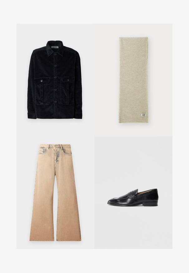 Schwarze Lederjacke mit Kragen, vorderem Reißverschluss und zwei großen Brusttaschen. Glatte Textur mit tailliertem Schnitt.; Marineblaue Cordjacke mit kragenförmigem Ausschnitt, vorderer Knopfleiste, zwei Brusttaschen und strukturierter, senkrechter Rippung.; Beige weite Jeans mit verblichener Textur, Fünf-Taschen-Design und genähten Details entlang der Nähte. Der Bund hat einen klassischen Knopfverschluss.; Schwarze Lederloafers mit glatter Oberfläche, spitzem Zehenbereich und subtilen Steppdetails. Verfügt über einen flachen Absatz und ein eingeprägtes Logo an der Seite.; Beige gestrickter Schal mit vertikaler Rippenstruktur. Mit einem kleinen Stoffetikett mit der Aufschrift "DRYARN" an einem Ende. Weiches, leichtes Material.; Schwarze Fliege mit diagonalen blauen Streifen, aus einem glatten Stoff gefertigt. Sie hat ein verjüngtes Ende und eine geknotete Schlaufe an der Oberseite.