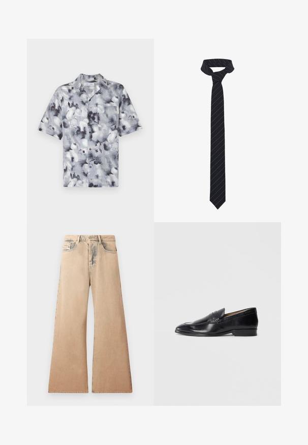 Črna usnjena jakna s ovratnikom, sprednjim zadrgo in dvema velikima žepoma na prsi. Gladka tekstura z natančno prileganjem.; Srajca s kratkimi rokavi v svetlo sivi barvi z abstraktnim cvetličnim vzorcem v temnejših odtenkih. Ima žep in črne gumbe na sprednji del, ki se zapira na gumb.; Bež džins hlače širokih nogavica z izbledelim teksturo, petimi žepi in šivanim detajlom ob šivih. Pas ima klasično gumbno zapiranje.; Črni usnjeni loferji z gladko površino, podolgovat vrh in subtilne šive. Imajo ravno peto in embosirano logo na strani.; Črna kravata z diagonalnimi modrimi črtami, izdelana iz gladkega materiala. Ima koničast konec in zategnjen vozel na vrhu.