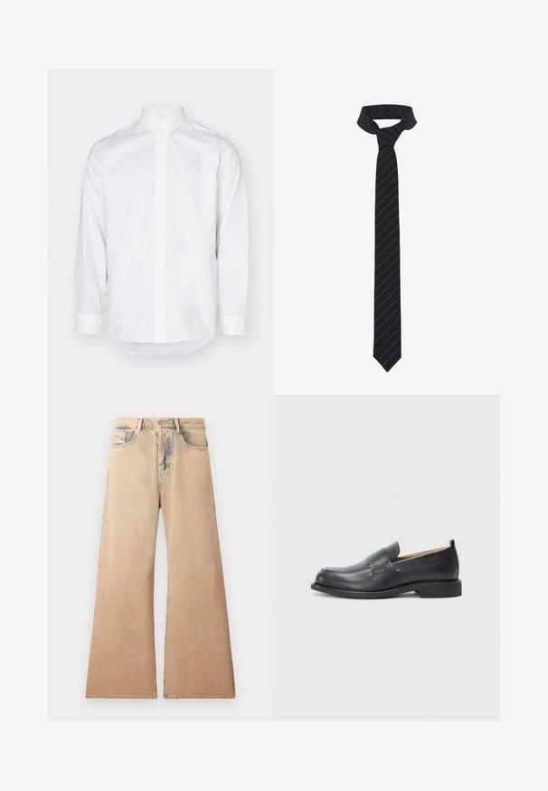 Chaqueta de cuero negra con cuello, cierre frontal con cremallera y dos grandes bolsillos en el pecho. Textura suave con corte entallado.; Camisa blanca de manga larga hecha de algodón. Presenta un cuello con botones, una tapeta delantera con botones y un dobladillo redondeado. Textura suave.; Jeans de pierna ancha en color beige con textura desgastada, diseño de cinco bolsillos y detalles de costura a lo largo de las costuras. La cintura tiene un cierre tradicional con botón.; Mocasines de cuero negro con un acabado suave, suela plana y punta redonda con una correa decorativa a lo largo del zapato.; Corbata negra con rayas diagonales azules, hecha de una tela lisa. Presenta un extremo afilado y un lazo anudado en la parte superior.