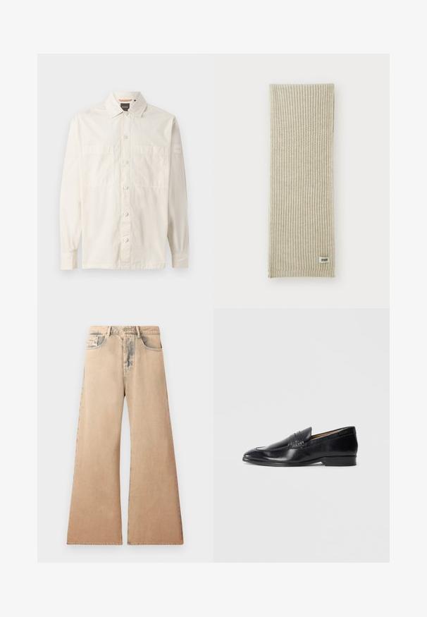 Giacca in pelle nera con collo, chiusura frontale con zip e due grandi tasche sul petto. Tessuto liscio con vestibilità sartoriale.; Camicia beige a maniche lunghe realizzata in tessuto leggero, con chiusura a bottoni sul davanti, due tasche sul petto e un'etichetta con il marchio sulla manica.; Jeans beige a gamba larga con texture sfumata, design a cinque tasche e dettagli cuciti lungo le cuciture. La vita ha una chiusura a bottone tradizionale.; Mocassino in pelle nera con finitura liscia, punta affusolata e dettagli di cucitura sottili. Presenta un tacco piatto e un logo impresso sul lato.; Sciarpa lavorata a maglia beige con texture a coste verticali. Presenta un piccolo etichetta di tessuto etichettata "DRYARN" a un'estremità. Materiale morbido e leggero.; Cravatta nera con strisce blu diagonali, realizzata in un tessuto liscio. Presenta un'estremità affusolata e un nodo a loop nella parte superiore.