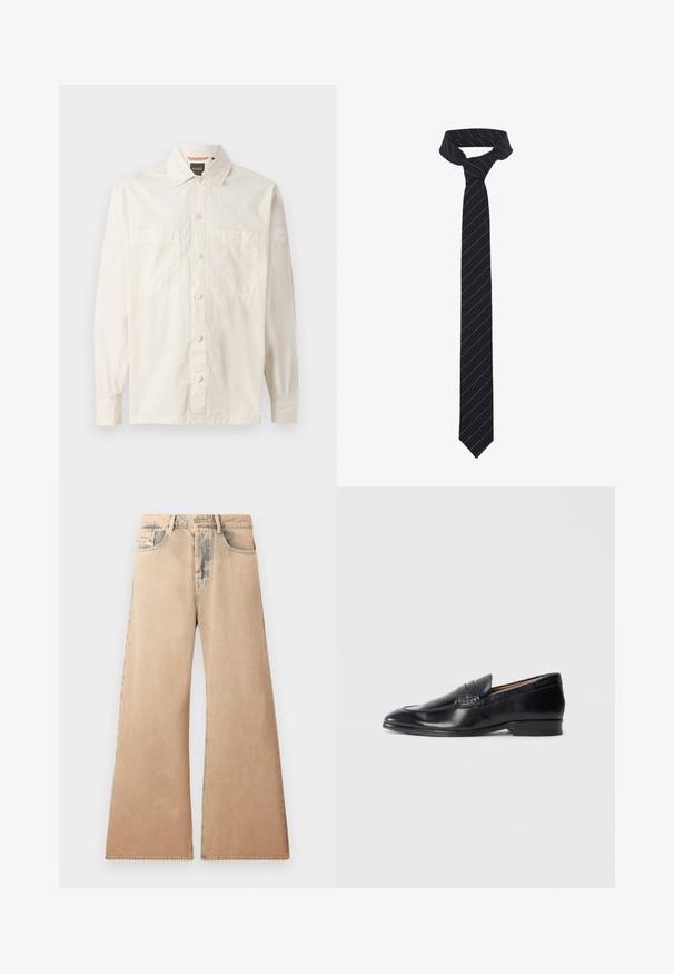 Schwarze Lederjacke mit Kragen, vorderem Reißverschluss und zwei großen Brusttaschen. Glatte Textur mit tailliertem Schnitt.; Beige Langarmshirt aus leichtem Stoff, mit durchgängigem Knopfverschluss, zwei Brusttaschen und einem Markenetikett am Ärmel.; Beige weite Jeans mit verblichener Textur, Fünf-Taschen-Design und genähten Details entlang der Nähte. Der Bund hat einen klassischen Knopfverschluss.; Schwarze Lederloafers mit glatter Oberfläche, spitzem Zehenbereich und subtilen Steppdetails. Verfügt über einen flachen Absatz und ein eingeprägtes Logo an der Seite.; Schwarze Fliege mit diagonalen blauen Streifen, aus einem glatten Stoff gefertigt. Sie hat ein verjüngtes Ende und eine geknotete Schlaufe an der Oberseite.