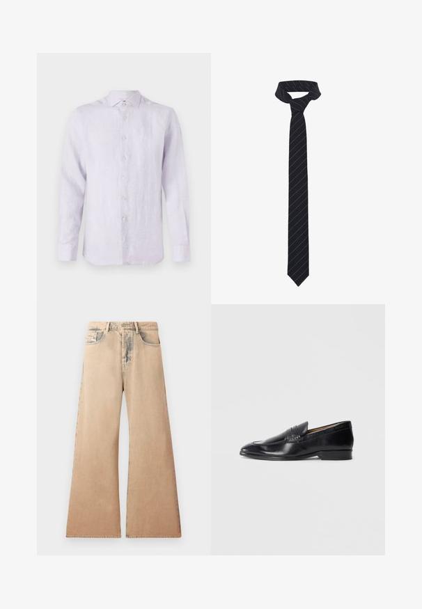 Chaqueta de cuero negra con cuello, cierre frontal con cremallera y dos grandes bolsillos en el pecho. Textura suave con corte entallado.; Camisa de lino de mangas largas en lavanda claro, con cuello abotonado, botones frontales y un acabado sutilmente texturizado. Pequeño logo en el pecho.; Jeans de pierna ancha en color beige con textura desgastada, diseño de cinco bolsillos y detalles de costura a lo largo de las costuras. La cintura tiene un cierre tradicional con botón.; Mocasin de piel negra con un acabado suave, punta afilada y un discreto detalle de costura. Presenta un tacón plano y un logo grabado en el costado.; Corbata negra con rayas diagonales azules, hecha de una tela lisa. Presenta un extremo afilado y un lazo anudado en la parte superior.