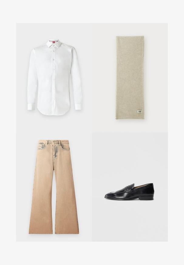 Giacca in pelle nera con collo, chiusura frontale con zip e due grandi tasche sul petto. Tessuto liscio con vestibilità sartoriale.; Camicia bianca a maniche lunghe con bottoni, realizzata in cotone. Presenta un colletto classico, bottoni frontali e un orlo curvo. Design semplice e senza fronzoli.; Jeans beige a gamba larga con texture sfumata, design a cinque tasche e dettagli cuciti lungo le cuciture. La vita ha una chiusura a bottone tradizionale.; Mocassino in pelle nera con finitura liscia, punta affusolata e dettagli di cucitura sottili. Presenta un tacco piatto e un logo impresso sul lato.; Sciarpa lavorata a maglia beige con texture a coste verticali. Presenta un piccolo etichetta di tessuto etichettata "DRYARN" a un'estremità. Materiale morbido e leggero.; Cravatta nera con strisce blu diagonali, realizzata in un tessuto liscio. Presenta un'estremità affusolata e un nodo a loop nella parte superiore.