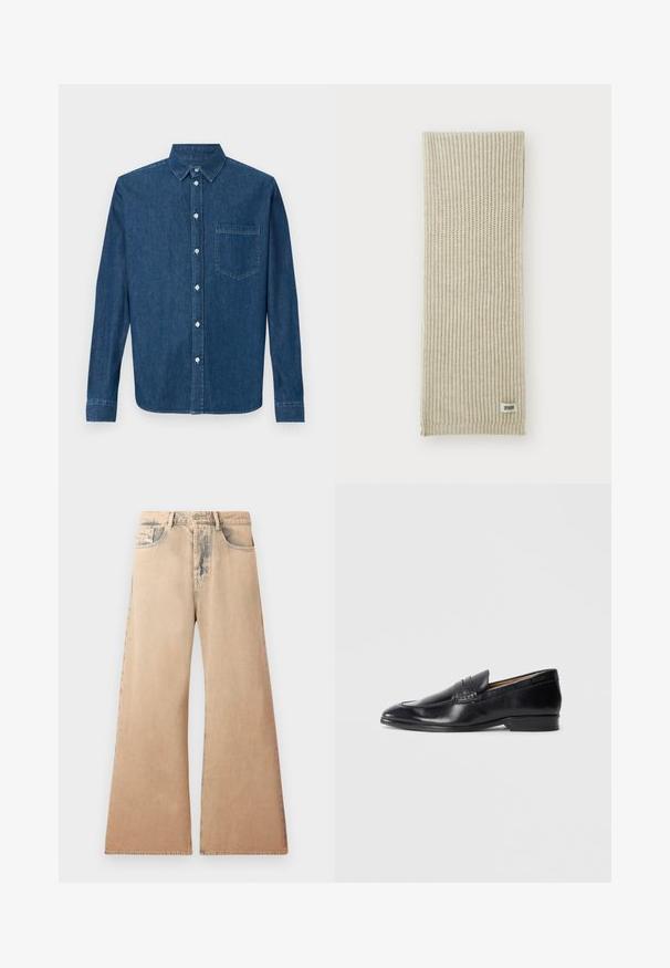 Czarna skórzana kurtka z kołnierzykiem, z przodu na zamek błyskawiczny i dwoma dużymi kieszeniami na piersiach. Gładka tekstura i dopasowany krój.; Granatowa koszula dżinsowa z długimi rękawami, zapinana na guziki, z kołnierzykiem i jedną kieszenią na piersi. Cechuje się gładką teksturą i standardowym krojem.; Beżowe dżinsy o szerokich nogawkach z wyblakłą teksturą, pięcioma kieszeniami i przeszyciami wzdłuż szwów. Pas z tradycyjnym zapięciem na guzik.; Czarne skórzane mokasyny o gładkim wykończeniu, z wysmuklonym noskiem i subtelnym detalem w postaci szwów. Posiadają płaski obcas i wytłoczone logo z boku.; Beżowy, dziany szalik o pionowej fakturze prążkowanej. Posiada małą metkę materiałową z napisem "DRYARN" na jednym końcu. Miękki, lekki materiał.; Czarny krawat z diagonalnymi niebieskimi paskami, wykonany z gładkiego materiału. Posiada zwężający się koniec oraz zawiązany uchwyt na górze.