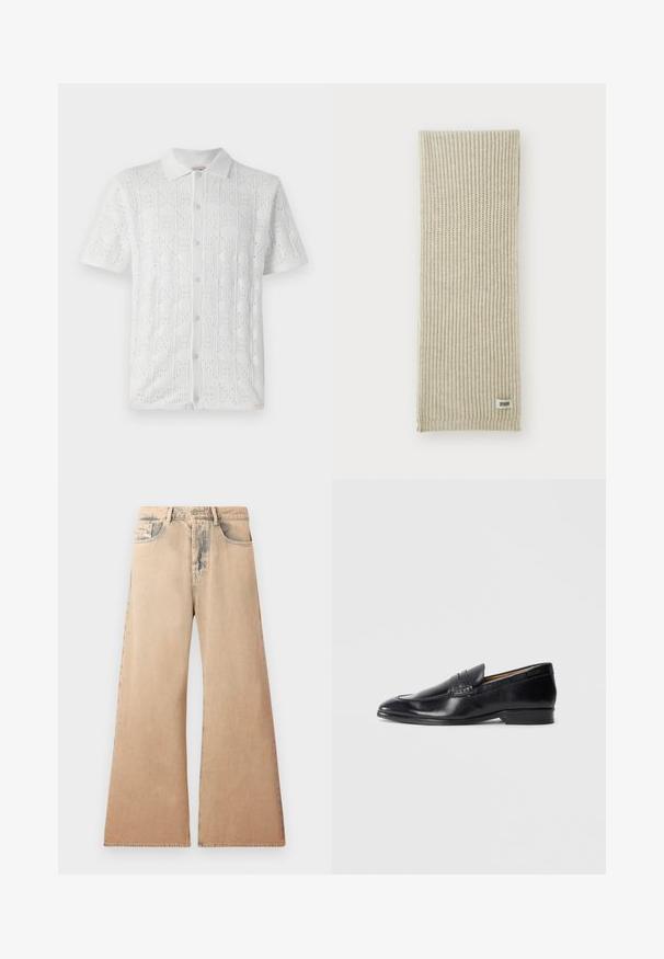 Melnas ādas jaka ar apkakli, priekšējo rāvējslēdzēju un divām lielām krūšu kabatām. Gluda tekstūra ar pielāgotu piegriezumu.; Balta īsām piedurknēm krekls ar teksturētu režģa rakstu un mazām perforācijām, ar apkakli un pieciem pogu aizdariem priekšpusē.; Beidzēti platā kāju džinsi ar izbalējušu tekstūru, piecu kabatu dizains un izšūti apdari gar šuvēm. Viduklis ar tradicionālo pogu aizdari.; Melnas ādas mokasīni ar gludu apdari, norādītu purngali un smalku šuvju detaļu. Izstrādāti ar plakanu papēdi un izreljefētu logotipu sānos.; Bēša adīta šalle ar vertikālu ribu tekstūru. pie viena gala ir neliels auduma birka ar uzrakstu "DRYARN". Mīksts, viegls materiāls.; Melnā kaklasaites ar diagonālām zilām svītrām, izgatavota no gludas auduma. Iezīmēta ar šauru galu un mezgla cilpu augšpusē.