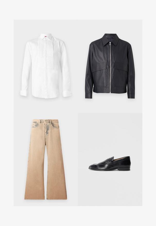 Čierna kožená bunda s golierom, predným zipsom a dvoma veľkými vreckami na hrudi. Hladká textúra s priliehavým strihom.; Biela košeľa s dlhými rukávmi vyrobená z bavlny, s klasickým golierom, s vertikálnymi záhybmi vpredu a s gombíkovými manžetami.; Bežové široké džínsy s vyblednutou textúrou, päť vreciek a prešívanými detailmi pozdĺž švov. Pás má tradičné gombíkové zapínanie.; Čierne kožené loafre s hladkým povrchom, špicatou špičkou a diskrétnym prešívaním. Obsahujú plochý podpätok a embosované logo na boku.