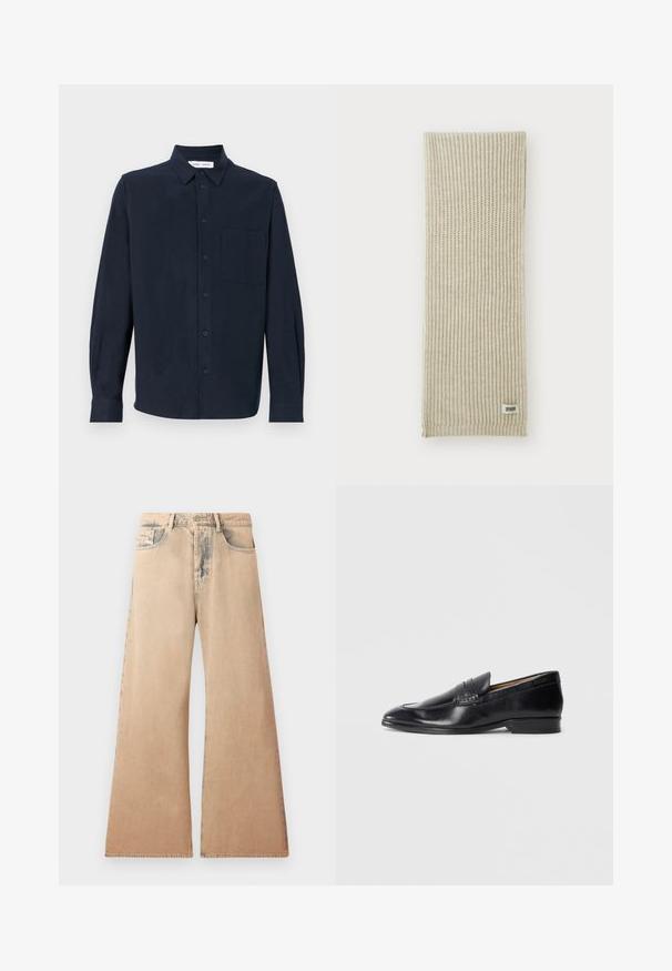 Črna usnjena jakna s ovratnikom, sprednjim zadrgo in dvema velikima žepoma na prsi. Gladka tekstura z natančno prileganjem.; Temno modra majica z dolgimi rokavi iz mehkega materiala, z gumbnim zapenjanjem spredaj, s koničastim ovratnikom in enim žepom na prsih.; Bež džins hlače širokih nogavica z izbledelim teksturo, petimi žepi in šivanim detajlom ob šivih. Pas ima klasično gumbno zapiranje.; Črni usnjeni loferji z gladko površino, podolgovat vrh in subtilne šive. Imajo ravno peto in embosirano logo na strani.; Bež pletena šal z vertikalno rebrasto teksturo. Na enem koncu je majhna oznaka iz blaga z napisom "DRYARN". Mehak, lahek material.; Črna kravata z diagonalnimi modrimi črtami, izdelana iz gladkega materiala. Ima koničast konec in zategnjen vozel na vrhu.