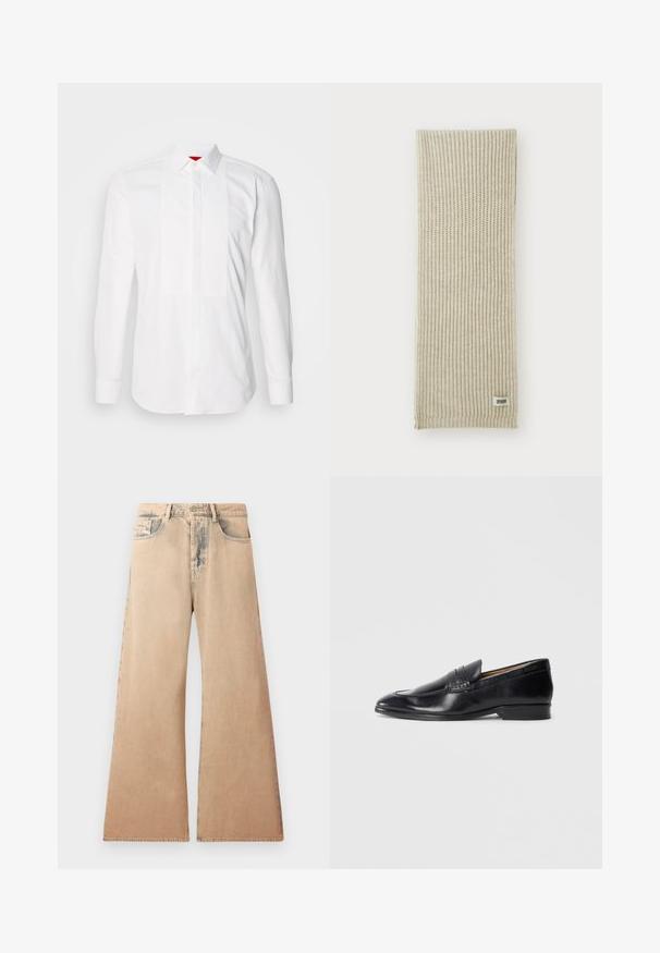 Veste en cuir noir avec un col, fermeture éclair à l'avant et deux grandes poches sur la poitrine. Texture lisse avec une coupe ajustée.; Chemise blanche à manches longues en coton, dotée d'un plastron avant avec des plis verticaux. Col classique et poignets à boutons. Texture lisse.; Jean large beige avec texture décolorée, design à cinq poches et détails cousus le long des coutures. La taille dispose d'une fermeture à bouton traditionnel.; Mocassin en cuir noir avec une finition lisse, bout pointu et détail de couture subtil. Présente un talon plat et un logo en relief sur le côté.; Écharpe en tricot beige avec une texture à côtes verticales. Comprend une petite étiquette en tissu étiquetée "DRYARN" à une extrémité. Matériau doux et léger.