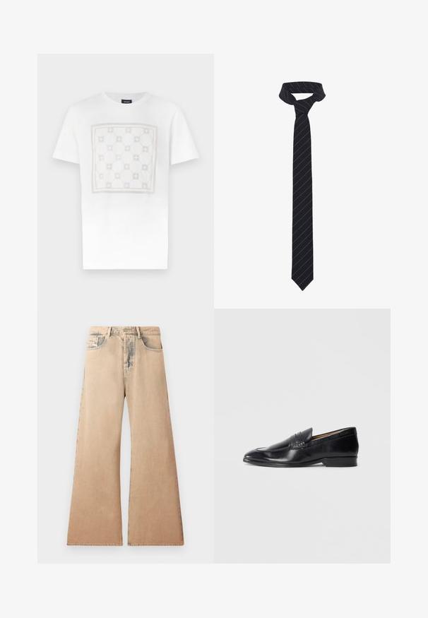 Black leather jacket with a collared neck, front zipper closure, and two large chest pockets. Smooth texture with tailored fit.; White cotton T-shirt featuring a large, subtle square pattern in light beige with rounded shapes and accents, finished with a crew neck.; Beige wide-leg jeans with faded texture, five-pocket design, and stitched detailing along seams. Waist has a traditional button closure.; Black leather loafer with a smooth finish, pointed toe, and subtle stitching detail. Features a flat heel and embossed logo on the side.; Black tie with diagonal blue stripes, made from a smooth fabric. Features a tapered end and a knotted loop at the top.